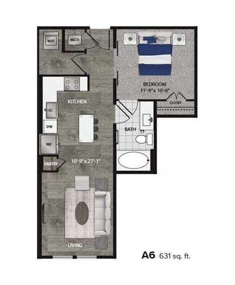 Floor plan for 1 bed, 1 bath, 631 sqft